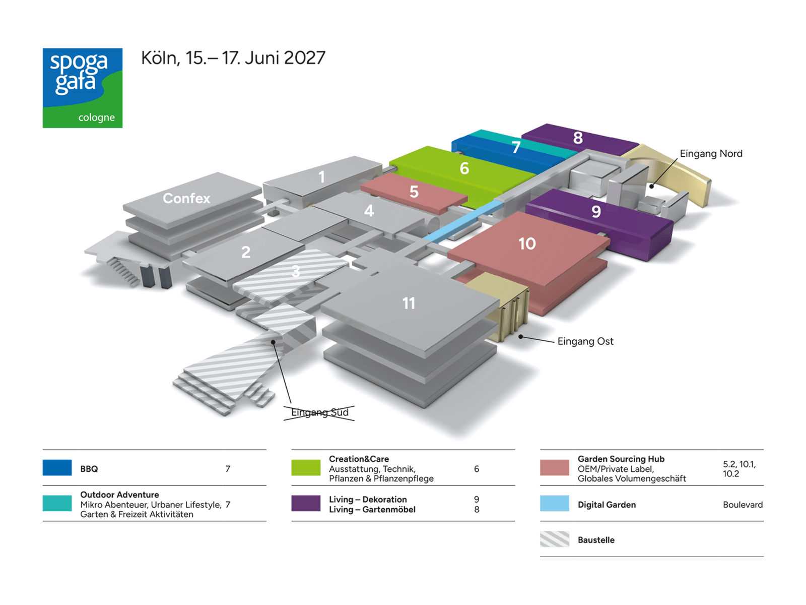 Hallenplan spoga+gafa Ein Lageplan eines Komplexes, der verschiedene Bereiche mit Zahlen beschriftet, Eingänge und farbcodierte Abschnitte für verschiedene Themen und Aktivitäten zeigt.
