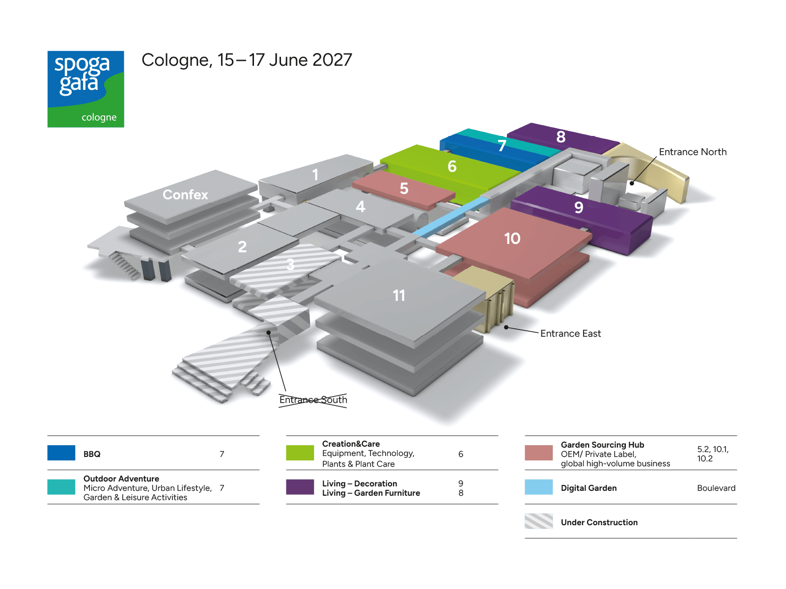 Hall location spoga+gafa A layout map of a complex showing various areas labeled with numbers, entrances, and color-coded sections for different themes and activities.