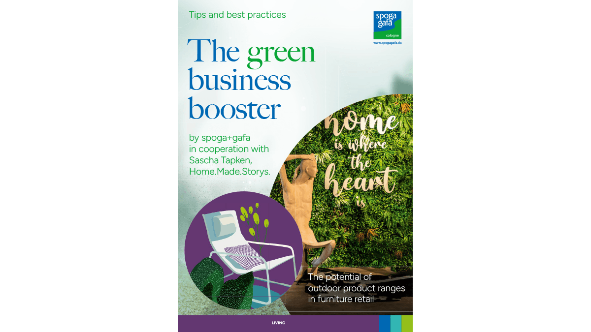 A striking promotional graphic for "The Green Business Booster" featuring stylish outdoor furniture, accompanied by the tagline "Home is where the heart is," highlighting the whitepaper's insights on transforming outdoor spaces into captivating growth opportunities for the retail furniture market.