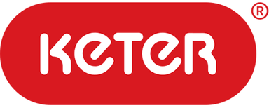 Logo Rotes Logo mit dem Wort "KETER" in weißen Buchstaben, begleitet von einem kleinen eingetragenen Markenzeichen.
