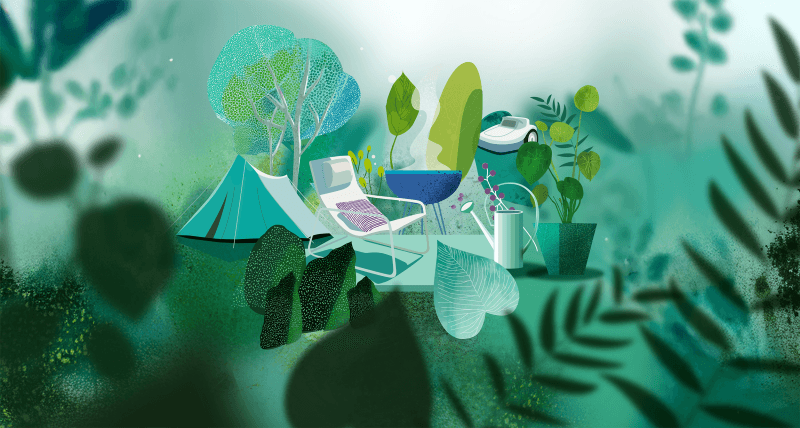 A scenic illustration featuring a tent, lounge chair, potted plants, and greenery, evoking a serene outdoor setting.