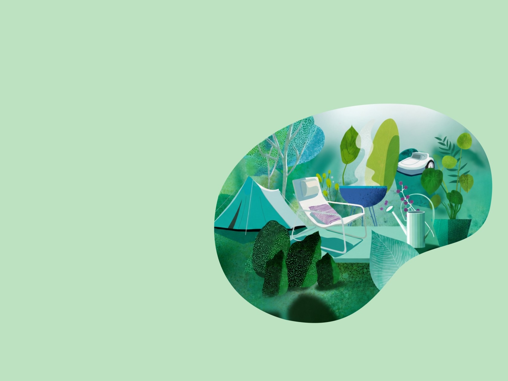 A serene outdoor scene featuring a tent, lounge chair, fire pit, plants, and a watering can, set against a soft green background.
