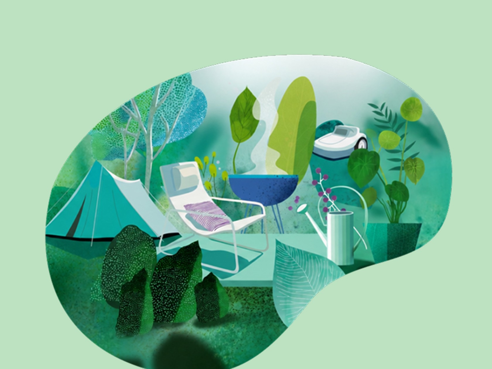 A serene outdoor scene featuring a tent, lounge chairs, a bowl with plants, and a watering can amidst lush greenery.
