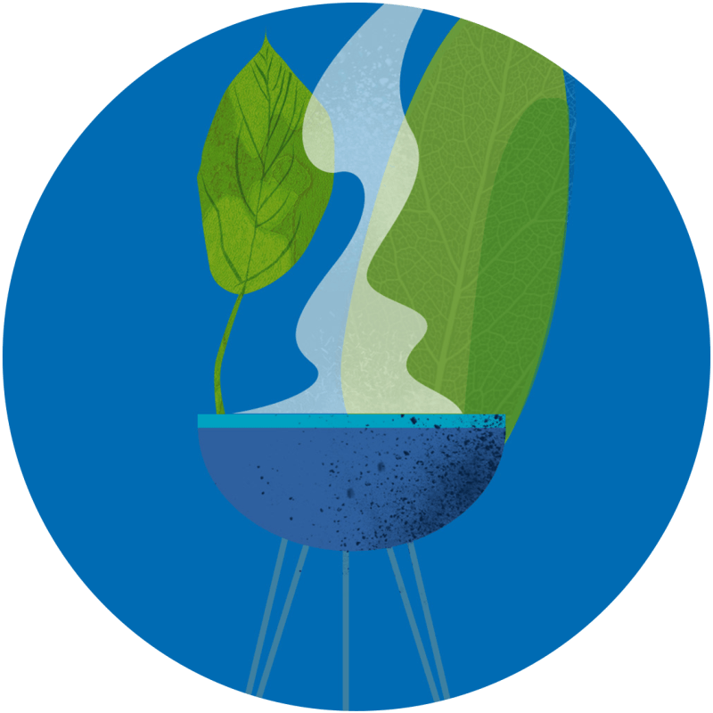 A stylized illustration of a blue bowl with leaves and flowing water, set against a circular blue background.