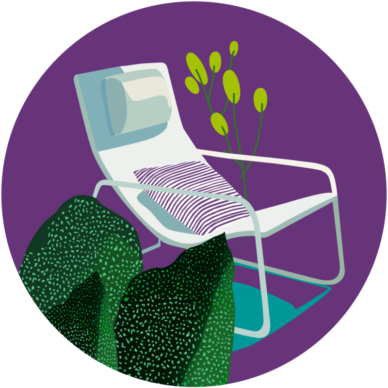 A modern lounge chair with a patterned cushion, surrounded by abstract green plants, set against a purple background.