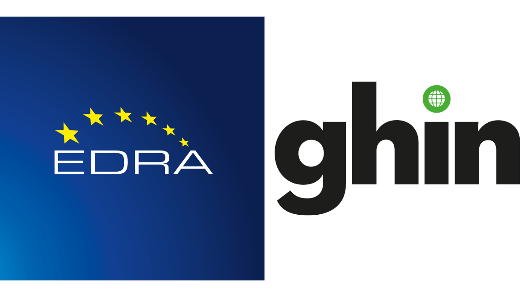 A logo combination featuring "EDRA" with yellow stars on a blue background and "ghin" in bold black letters with a green globe icon.