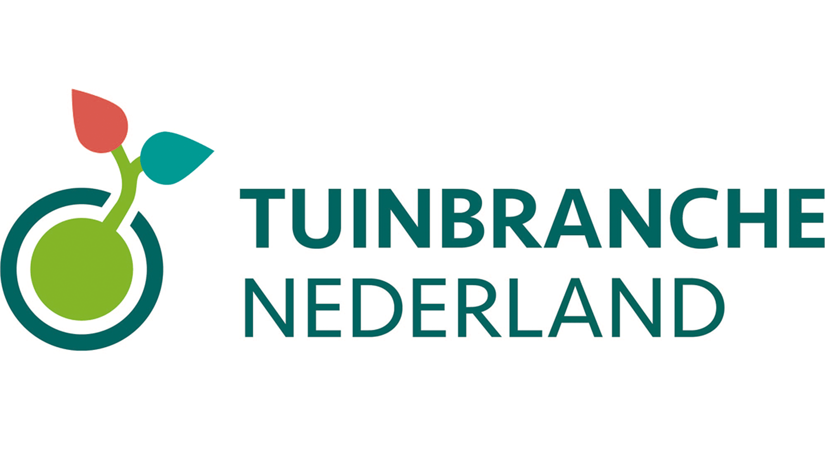 Logo featuring a green circle with a green sphere and two leaves in red and green, alongside the text "TUINBRANCHE NEDERLAND."