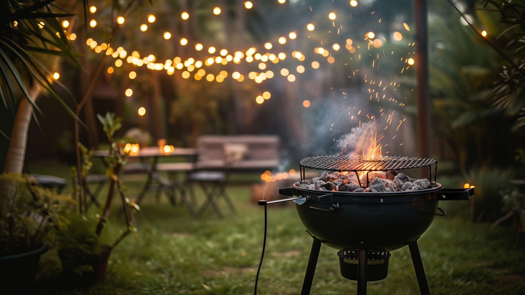 A charcoal grill with flames and smoke is set up in a garden, lit by warm string lights, with a cozy seating area visible.